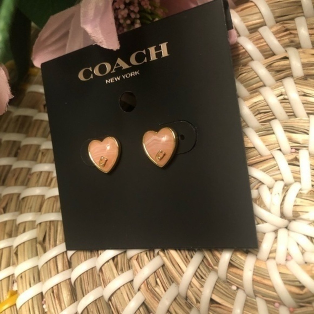 Coach Heart Logo Stud Earrings Pink Enamel Gold Tone NWT